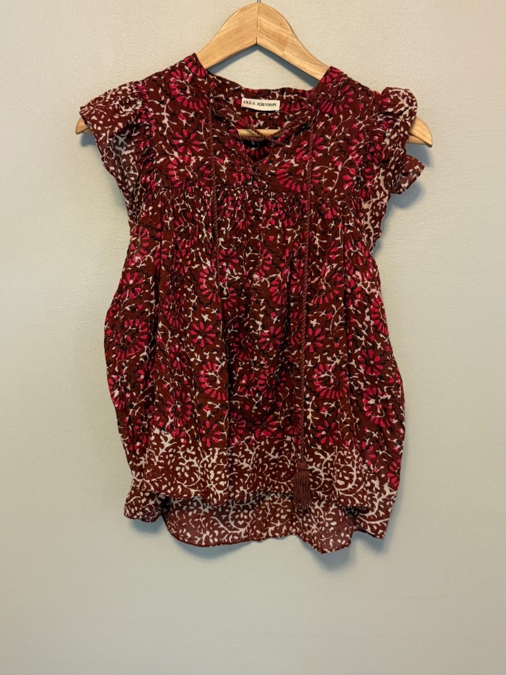 Ulla Johnson Opal Top Floral Ruffle Cotton Blouse Brown Pink Size 2